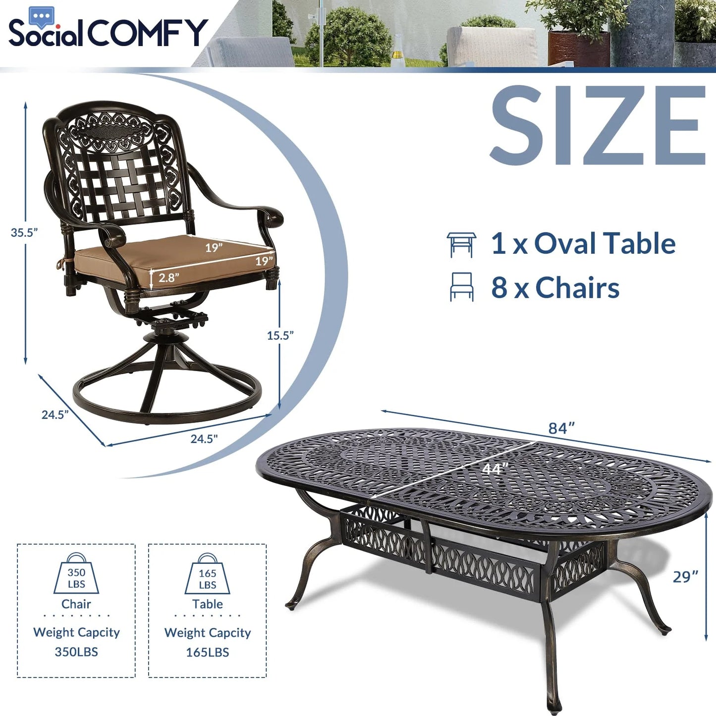 9-Piece Patio Cast Aluminum Dining Set, 8 Person Outdoor Dining Furniture Set, includes 84" Oval Table and 8 Swivel Dining Chairs with Umbrella Hole for Patio Deck Garden, Tan