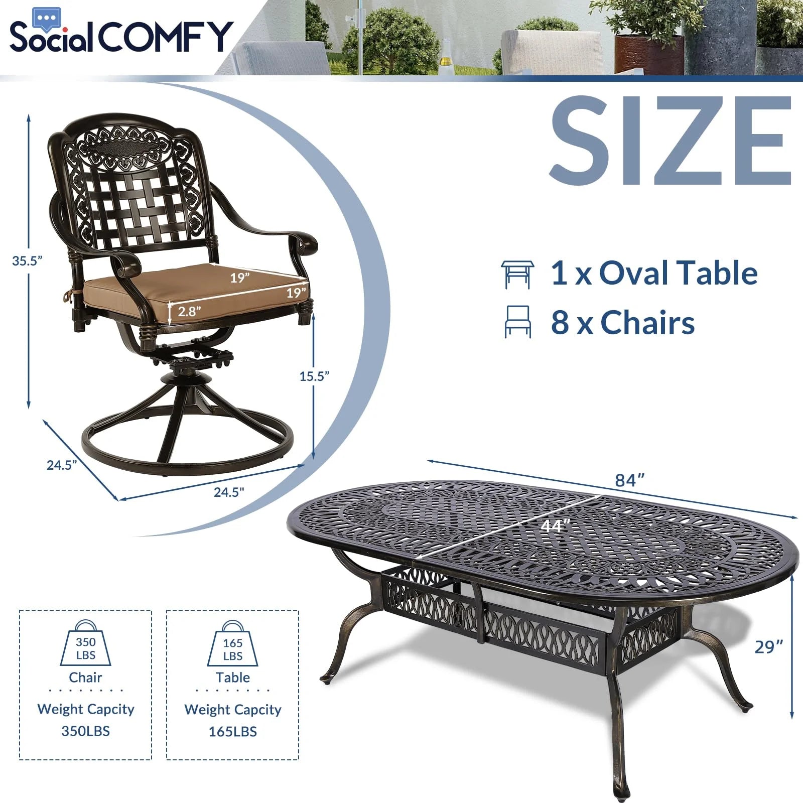 9-Piece Patio Cast Aluminum Dining Set, 8 Person Outdoor Dining Furniture Set, includes 84" Oval Table and 8 Swivel Dining Chairs with Umbrella Hole for Patio Deck Garden, Tan