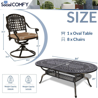 9-Piece Patio Cast Aluminum Dining Set, 8 Person Outdoor Dining Furniture Set, includes 84" Oval Table and 8 Swivel Dining Chairs with Umbrella Hole for Patio Deck Garden, Tan