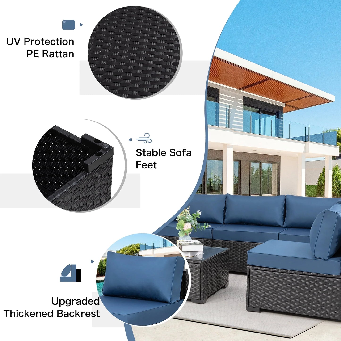 Walsunny 7 Pieces Outdoor Sectional Sofa Furniture Sets, All-Weather Black Wicker Patio Furniture Sets with Tea Table and Washable Couch Cushions Aegean Blue