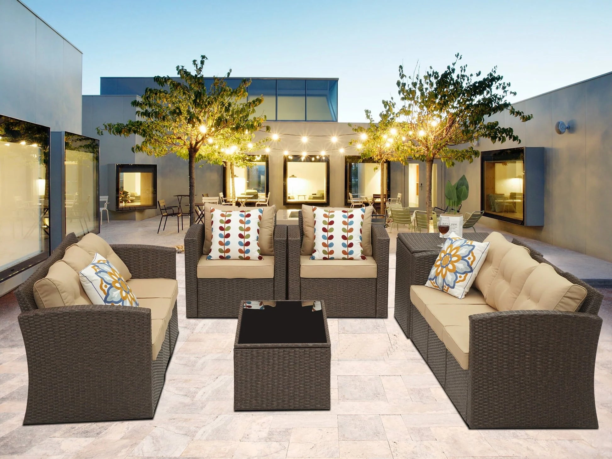 Superjoe 10 Pcs Patio Wicker Furniture Set Aluminum Frame Outdoor Sectional Conversation Sofa with Storage Box and Coffee Table,Beige