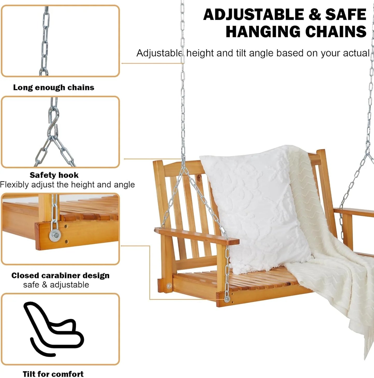 WildBreak Patio Wooden Swing, 45.7 x 24.8 x 23.6", with Hanging Chain, Heavy Duty, Natural Wood