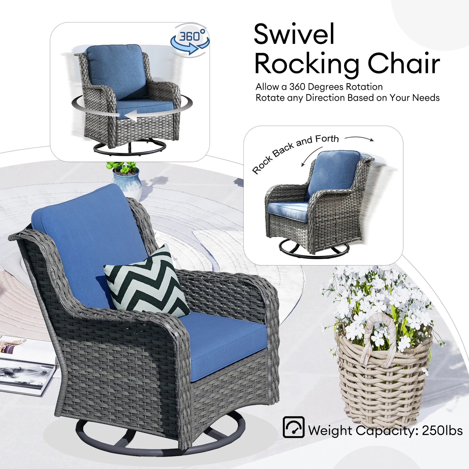 Ovios 8-Piece Wicker Outdoor Sectional Patio Set with Swivel Chairs and Loveseat, Gray