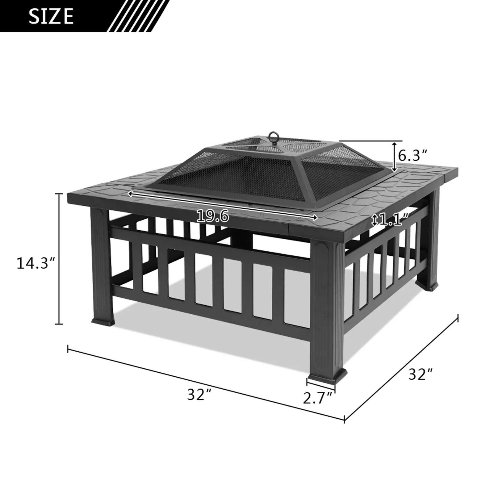 Wood Burning Fire Pits for Outside, 32" Square Iron Fire Pit Backyard Patio Garden Stove Wood Burning Fire Pit w/Mesh Screen Lid, Wood Grate, Poker, Durable Fire Pit, Q5946
