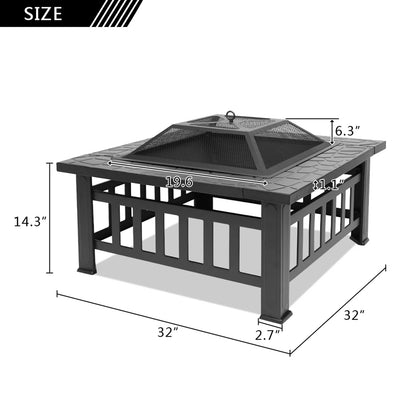 Wood Burning Fire Pits for Outside, 32" Square Iron Fire Pit Backyard Patio Garden Stove Wood Burning Fire Pit w/Mesh Screen Lid, Wood Grate, Poker, Durable Fire Pit, Q5946