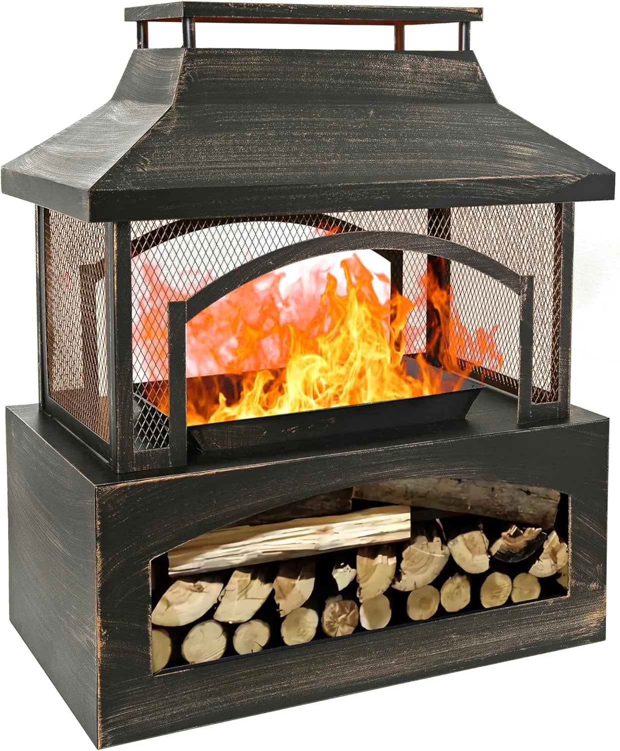 Large Outdoor Wood Burning Fireplace, house shape Outdoor Log Burner Fire Pit with Log Grate and Poker, 37" x 32" x 18" Large Metal Firepit for Patio Garden Backyard, Black