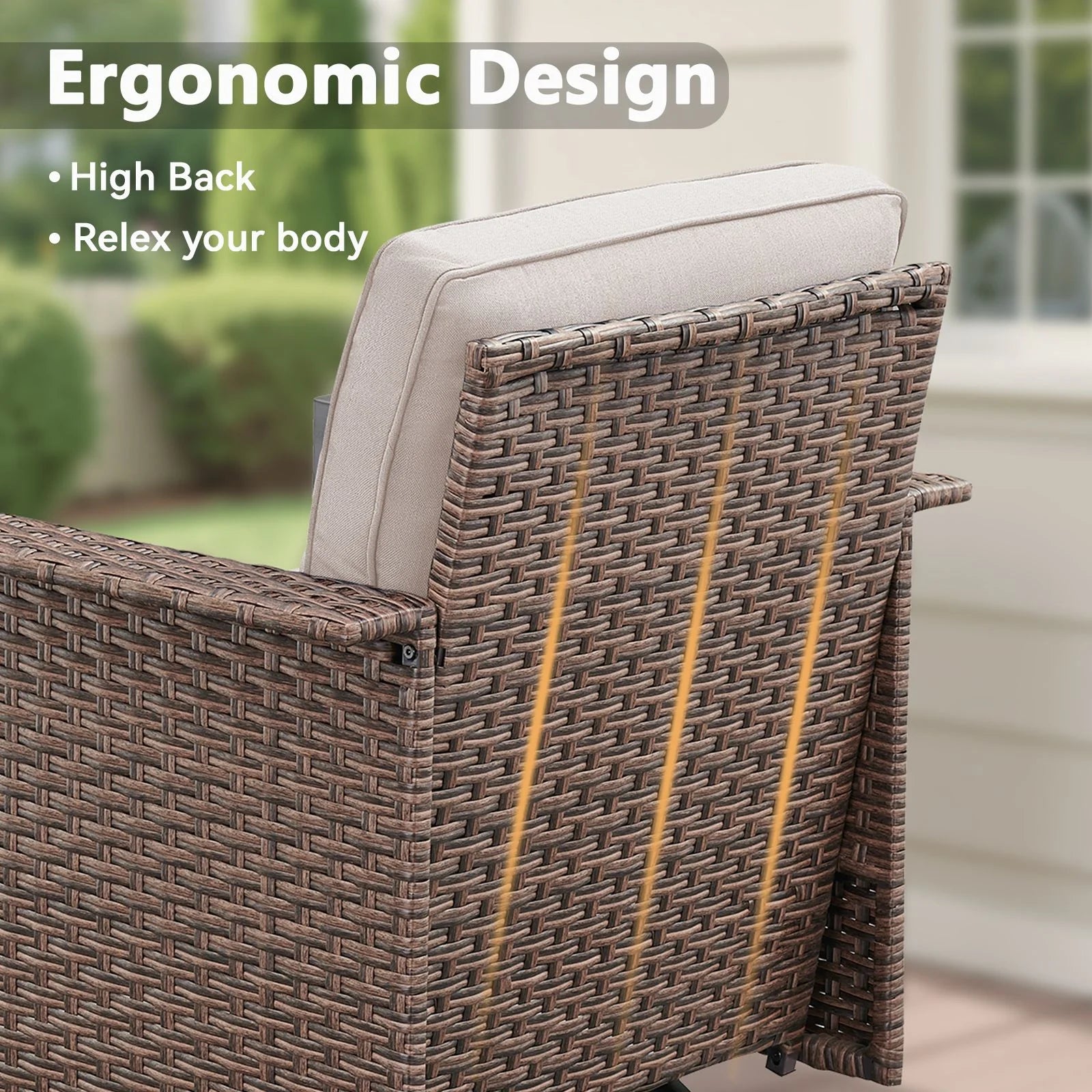 Opohoro 5-Piece Outdoor Conversation Set with Wide Armrest Patio Sofa, Ottomans and Swivel Rocking Chairs for Porch Garden
