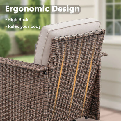 Opohoro 5-Piece Outdoor Conversation Set with Wide Armrest Patio Sofa, Ottomans and Swivel Rocking Chairs for Porch Garden