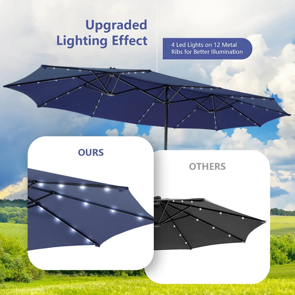 Kepooman Patio Umbrella, Outdoor Market Umbrella, 15 Feet Double-Sided Patio Umbrella with 48 LED Lights-Navy
