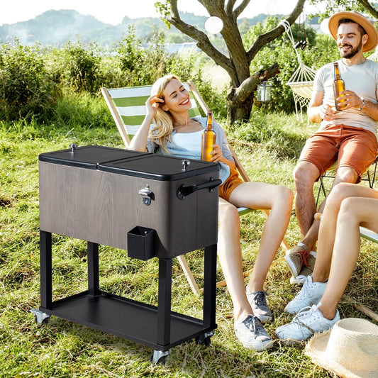 SalonMore 80QT Cooler Cart Patio Rolling Frozen Function with Shelf Wood Grain Accent Gray