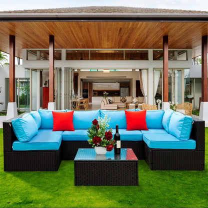 7 Piece Patio Furniture Sets Outdoor Sectional PE Rattan Outdoor Furniture Patio Conversation Set with Cushions and Glass Coffee Table, for Balcony Lawn and Garden, Gray