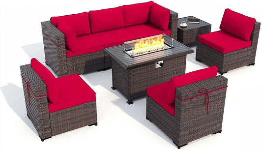 Gotland Outdoor Patio Furniture Set 8 Pieces Rattan Wicker Sectional Sofa with 43.3" Gas Fire Pit Table,Red