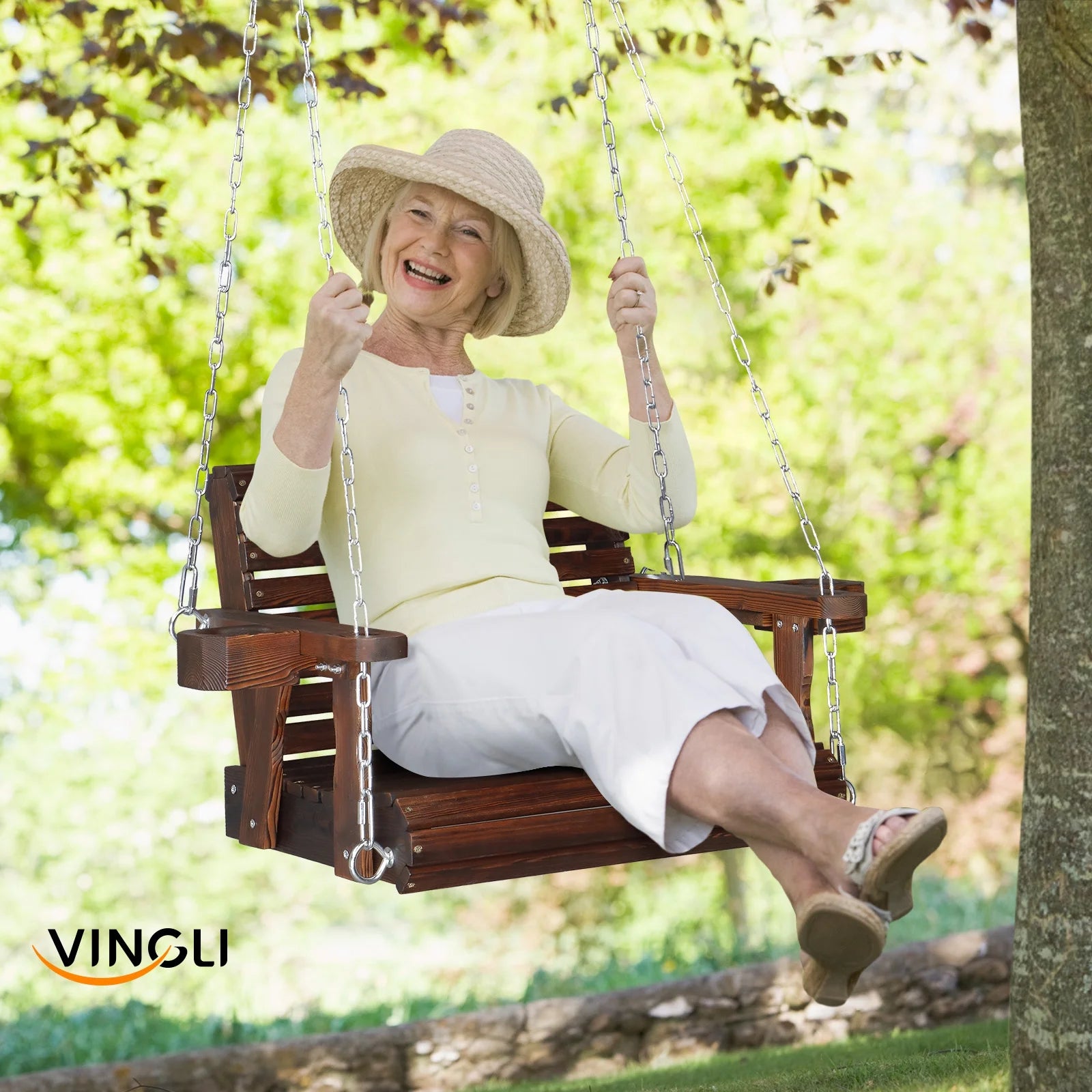 VINGLI XL 440 lbs Single Person Patio Porch Swing with Cup Holder & Adjustable Chains for Outdoors (Extra Large, White)