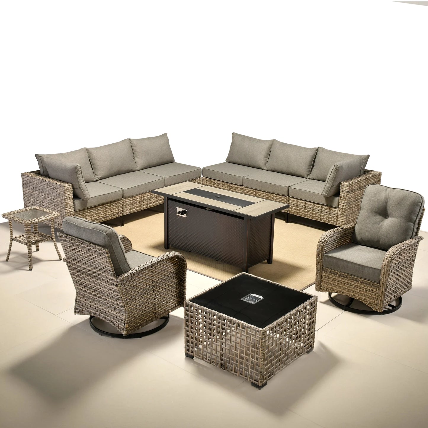 Ovios 11 Pieces Patio Outdoor Furniture Conversation Set with 54" Fire Pit Wicker Outdoor Sectional with Swivel Chair & Solar-Powered Table