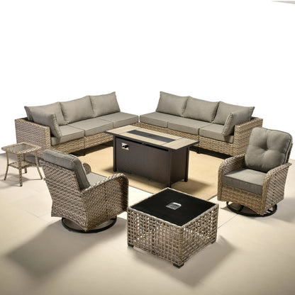 Ovios 11 Pieces Patio Outdoor Furniture Conversation Set with 54" Fire Pit Wicker Outdoor Sectional with Swivel Chair & Solar-Powered Table