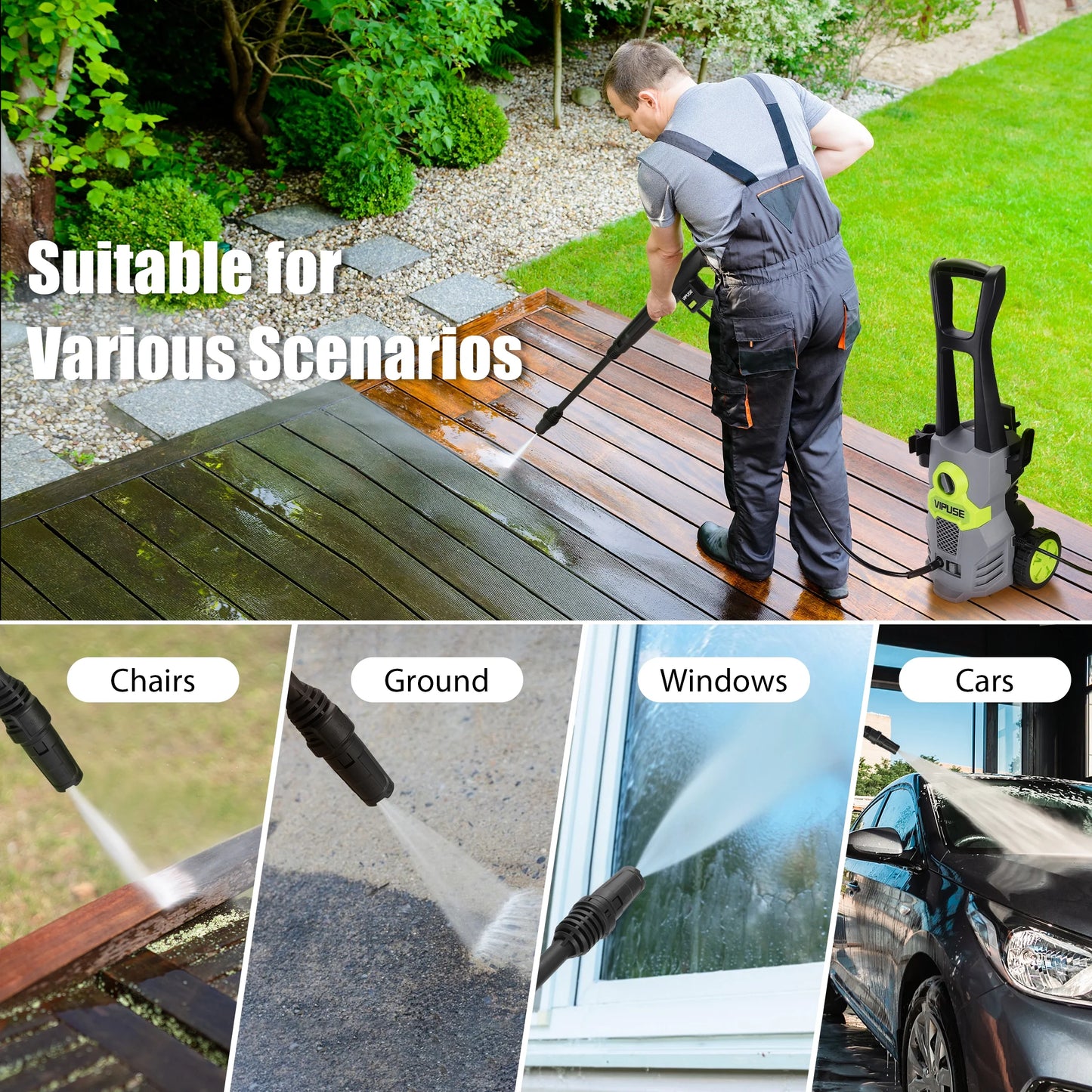Vipuse Electric Pressure Washer, 4200 PSI Max.2.8GPM Power Washer with 23ft Hose/4 Nozzles/400ML Foam Cannon, Clean Tool for Cars/Fences/Patios/Floor
