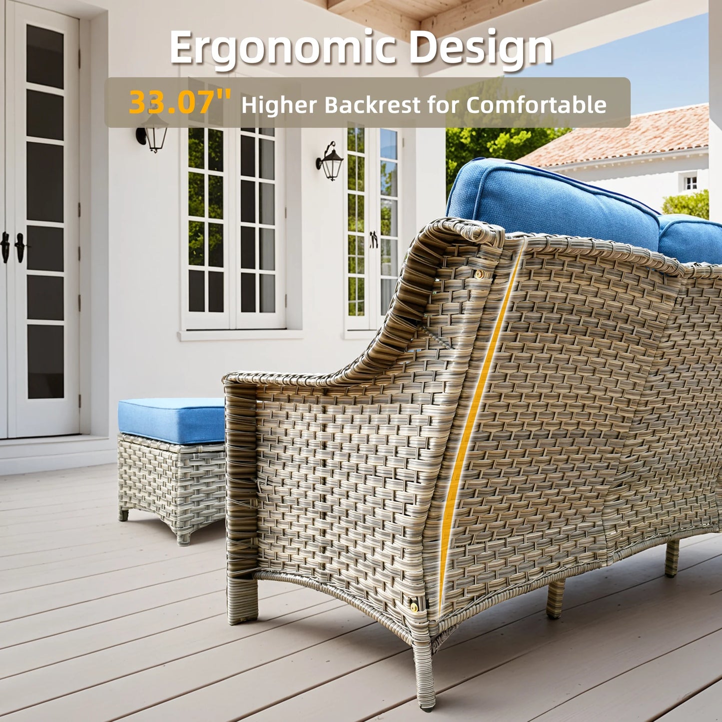 Ovios 6 Pieces Outdoor Furniture Set High Back All-Weather Wicker Patio Conversation Set with Ottomans & Solar Light Coffee Table, Diamond Blue