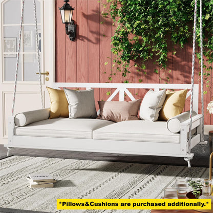 Wood Twin Size Patio Swing Bed, Modern Porch Swing Hanging Daybed with 16.4ft Hemp Ropes, Comfortable Porch Swing Bed for Relaxing on Patio, Porch, Backyard and Garden Spaces, White