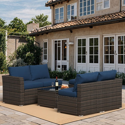 Highsound 4 Piece Outdoor Patio Furniture Sets, Wicker Conversation Set for Porch Deck, Gray Rattan Sofa Chair with Cushion, Blue