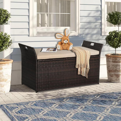 SOLAURA 90 Gallon Patio Wicker Storage Bench w/Cushion, Outdoor Rattan Deck Storage Box w/Handles & Hydraulics, Gray