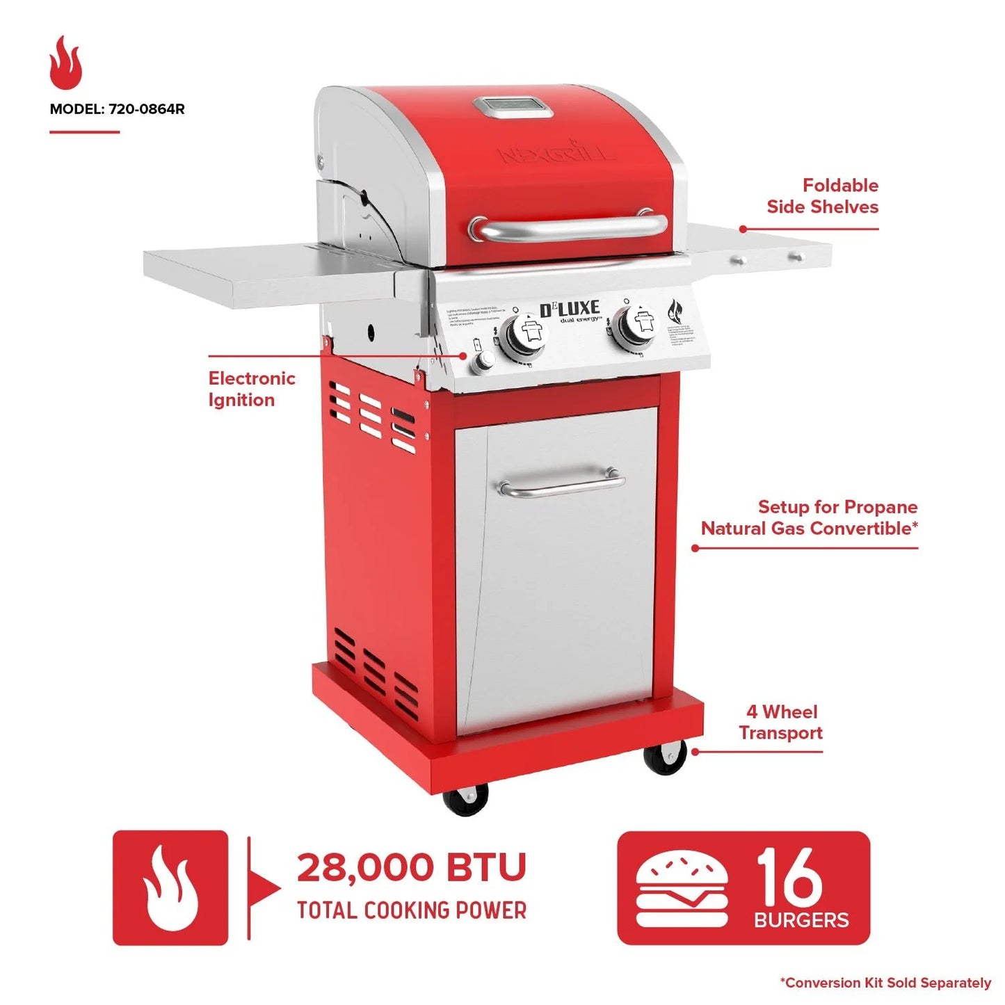 Nexgrill Deluxe 2-Burner Gas Grill with 401 SQ In Grate, 28000 BTUs, Stainless Steel Control Panel & Foldable Side Table, Propane BBQ Grill for Outdoor Cooking, Patios, Backyards and More -720-0864R
