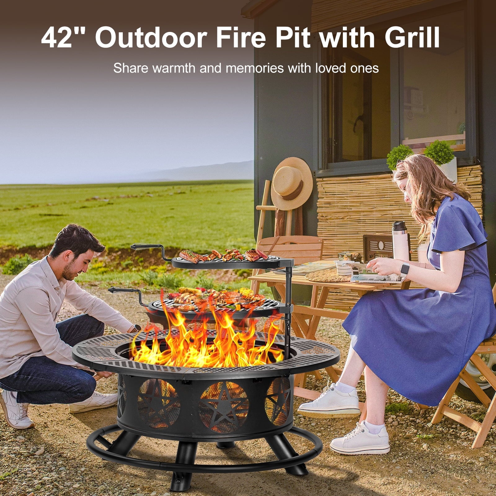 MistMo 36 inch Round Fire Pit with Grills, Wood Burning Fire Pits with Metal Lid for Outside Bonfire Outdoor Patio and Party