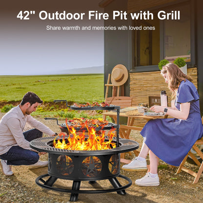 MistMo 36 inch Round Fire Pit with Grills, Wood Burning Fire Pits with Metal Lid for Outside Bonfire Outdoor Patio and Party