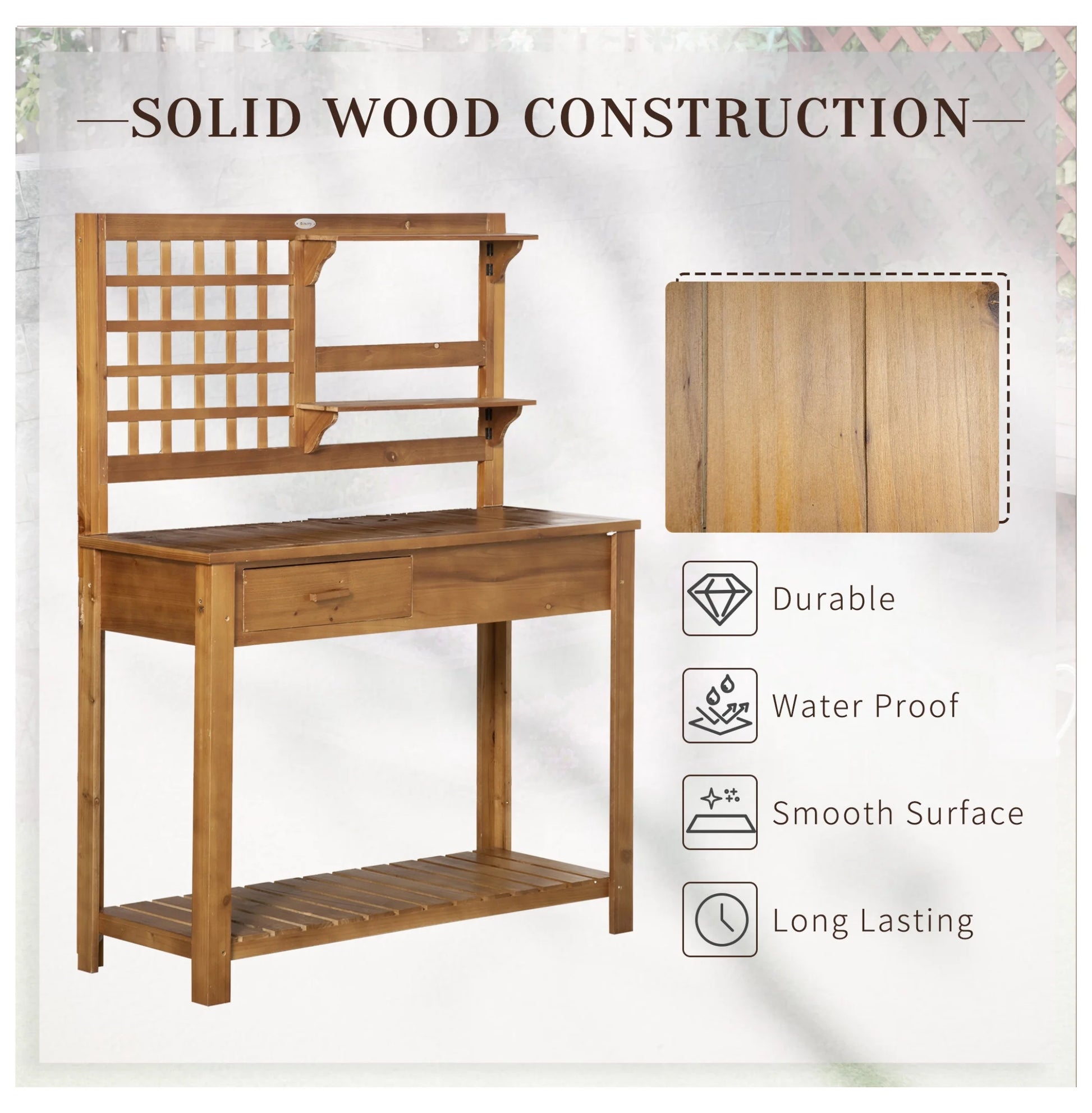 Potting Table Garden Workstation, Outdoor Wooden Workbench with Shelves & Drawer, Patio Plant Stand for Courtyard, Balcony - Brown