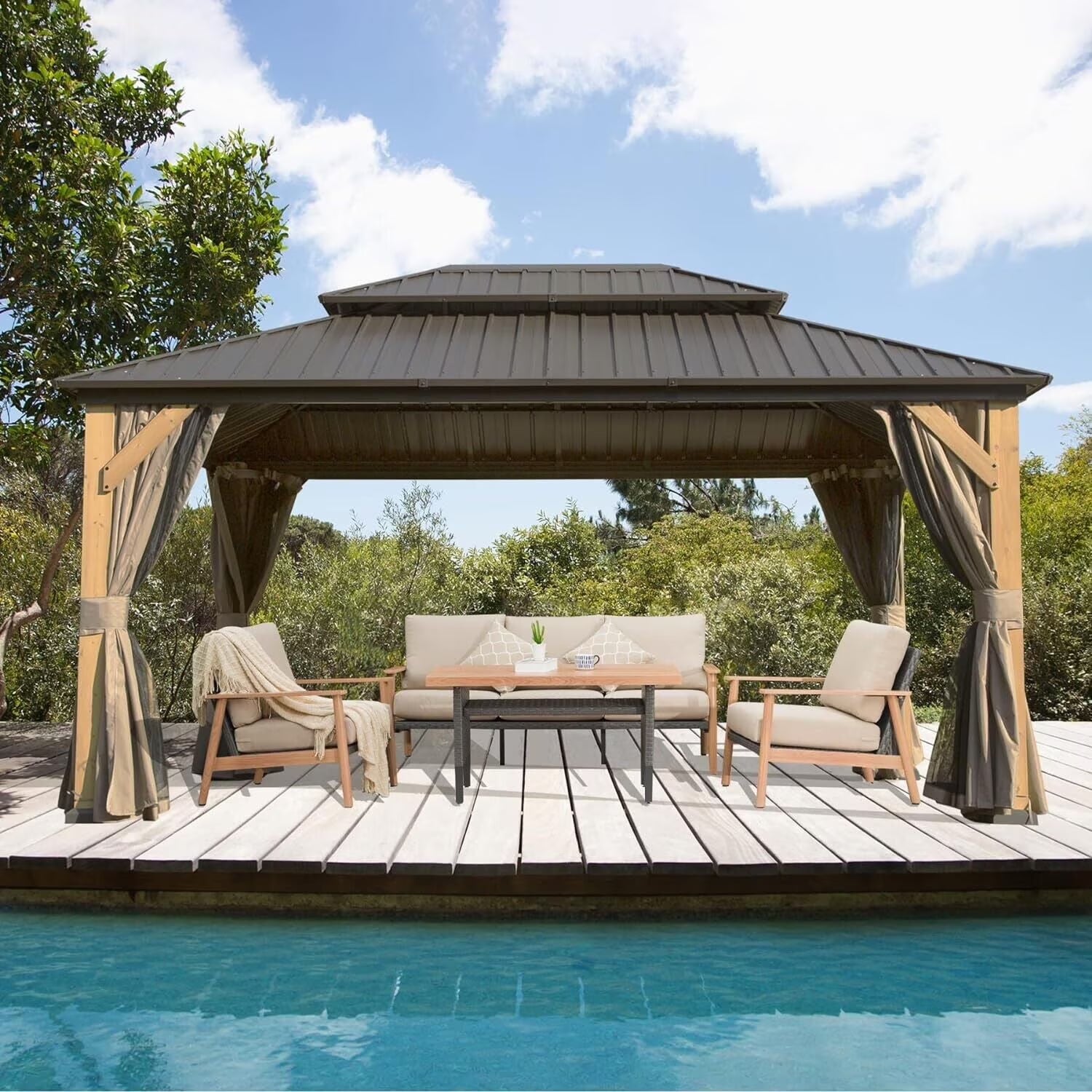 Domi 12x20 ft Wood Gazebo, Cedar Wood Frame Hardtop Gazebo with Galvanized Steel Double Roof, Outdoor Gazebo with Netting and Curtains, Patio Gazebo Pergola Pavilion for Patio, Backyard, Deck, Lawns