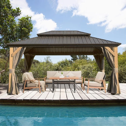 Domi 12x20 ft Wood Gazebo, Cedar Wood Frame Hardtop Gazebo with Galvanized Steel Double Roof, Outdoor Gazebo with Netting and Curtains, Patio Gazebo Pergola Pavilion for Patio, Backyard, Deck, Lawns