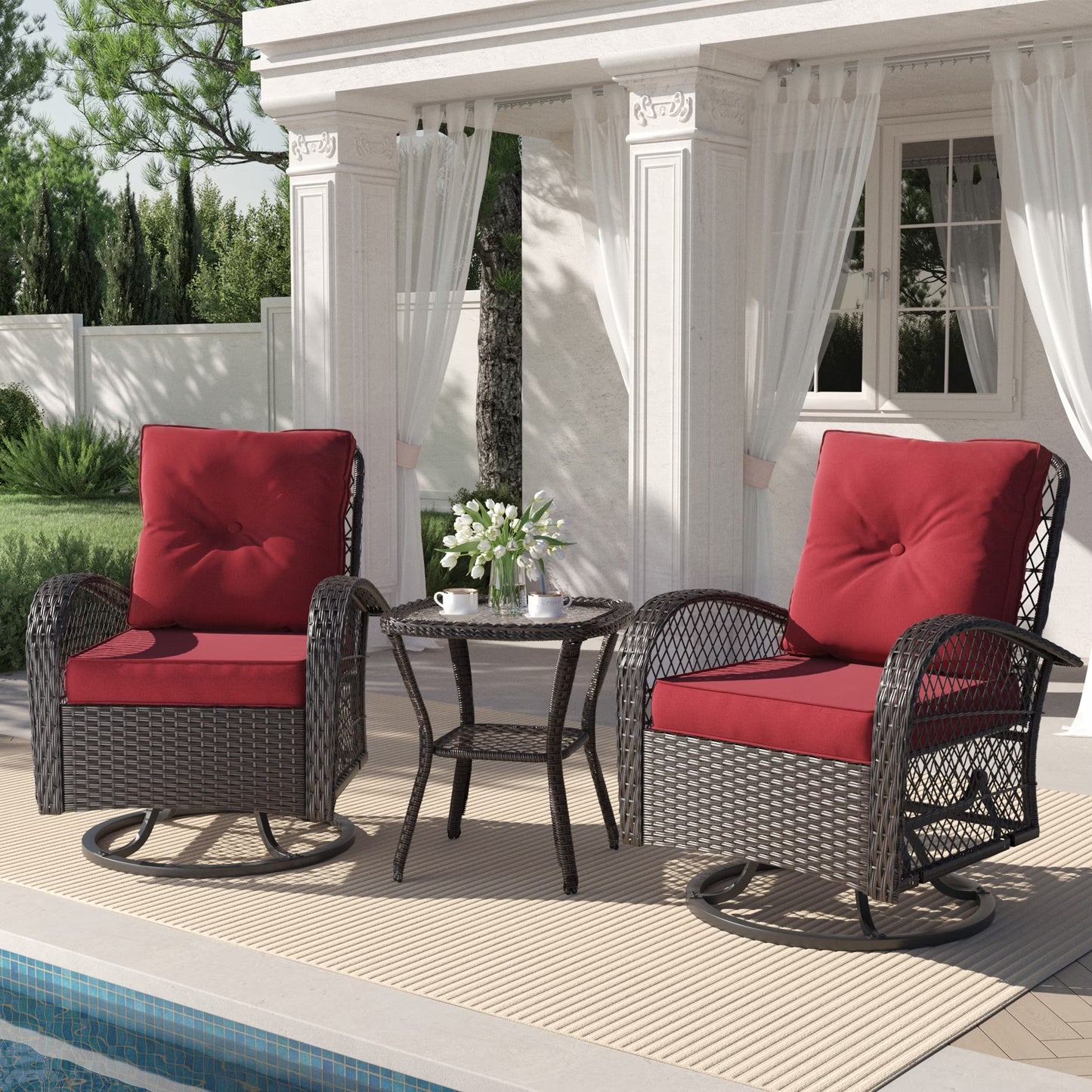 Techmilly 3 Pieces Patio Furniture Set, Outdoor Swivel Gliders Rocker, Wicker Patio Bistro Set with Rattan Rocking Chair for Porch Deck Backya (Navy Blue)