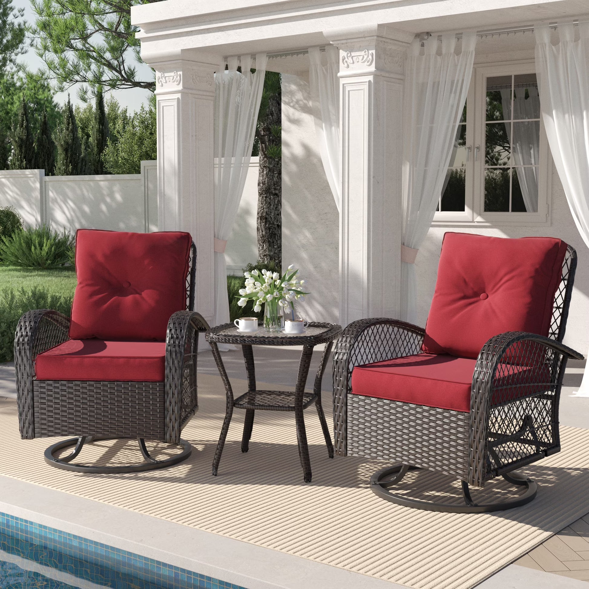 Techmilly 3 Pieces Patio Furniture Set, Outdoor Swivel Gliders Rocker, Wicker Patio Bistro Set with Rattan Rocking Chair for Porch Deck Backya (Navy Blue)