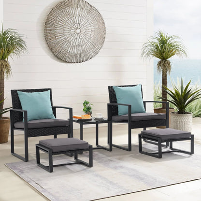 Orange-Casual 5-Piece Outdoor Furniture Set, Patio Steel Wicker Conversation Set, with Ottomans & Soft Washable Cushions, Black