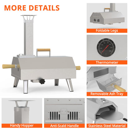 Enyopro 12" Portable Stainless Steel Pizza Oven, Wood Fired Pizza Maker with 360° Rotating Stone, Ash Tray, Thermometer and Foldable Legs, Pizza Cutter for Home, Patio and Camping
