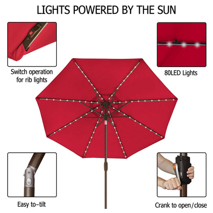 EliteShade Sunbrella Solar Umbrellas 9ft Market Umbrella with 80 LED Lights Patio Umbrellas Outdoor Table Umbrella with Ventilation and 5 Years Non-Fading Top,Ruby