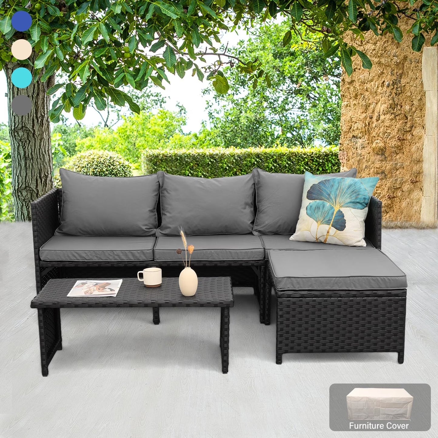 Waroom Outdoor Furniture Set 3 Pieces Patio Wicker Conversation Chairs and Coffee Table, Royal Blue