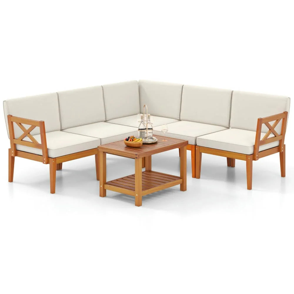 Kepooman Outdoor Conversation Sets,Patio Furniture Sets,6 Pieces Acacia Wood Patio Furniture Set with Cushions and 2-Tier Coffee Table-White