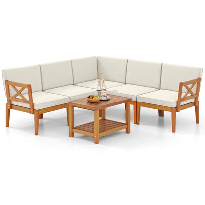 Kepooman Outdoor Conversation Sets,Patio Furniture Sets,6 Pieces Acacia Wood Patio Furniture Set with Cushions and 2-Tier Coffee Table-White