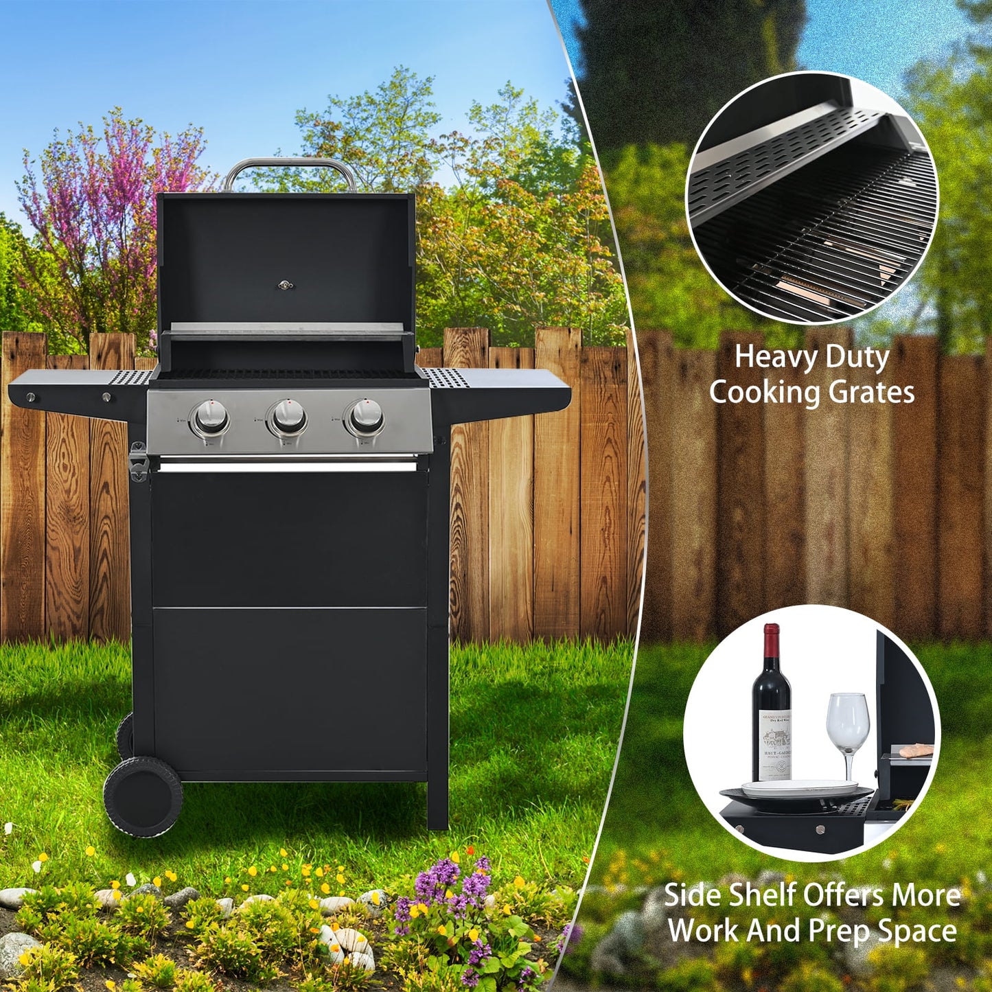 MEWANG 3-Burner Propane Gas Grill, 26000 BTU Stainless BBQ for Patio Garden | Outdoor Grill with Foldable Shelves