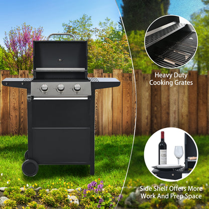 MEWANG 3-Burner Propane Gas Grill, 26000 BTU Stainless BBQ for Patio Garden | Outdoor Grill with Foldable Shelves