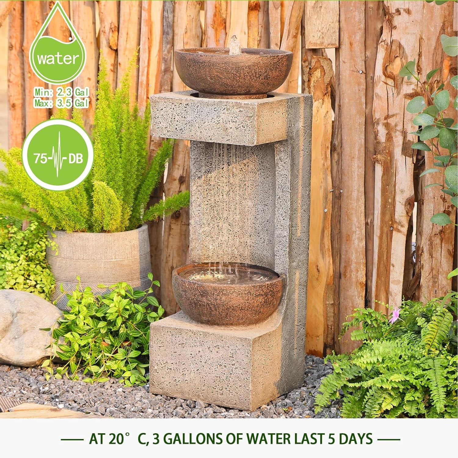 Water Fountain Modern Tiered Outdoor Fountain with Lights and Stone Planter for Garden, Patio, Backyard, Deck, Porch and Home Art Decor
