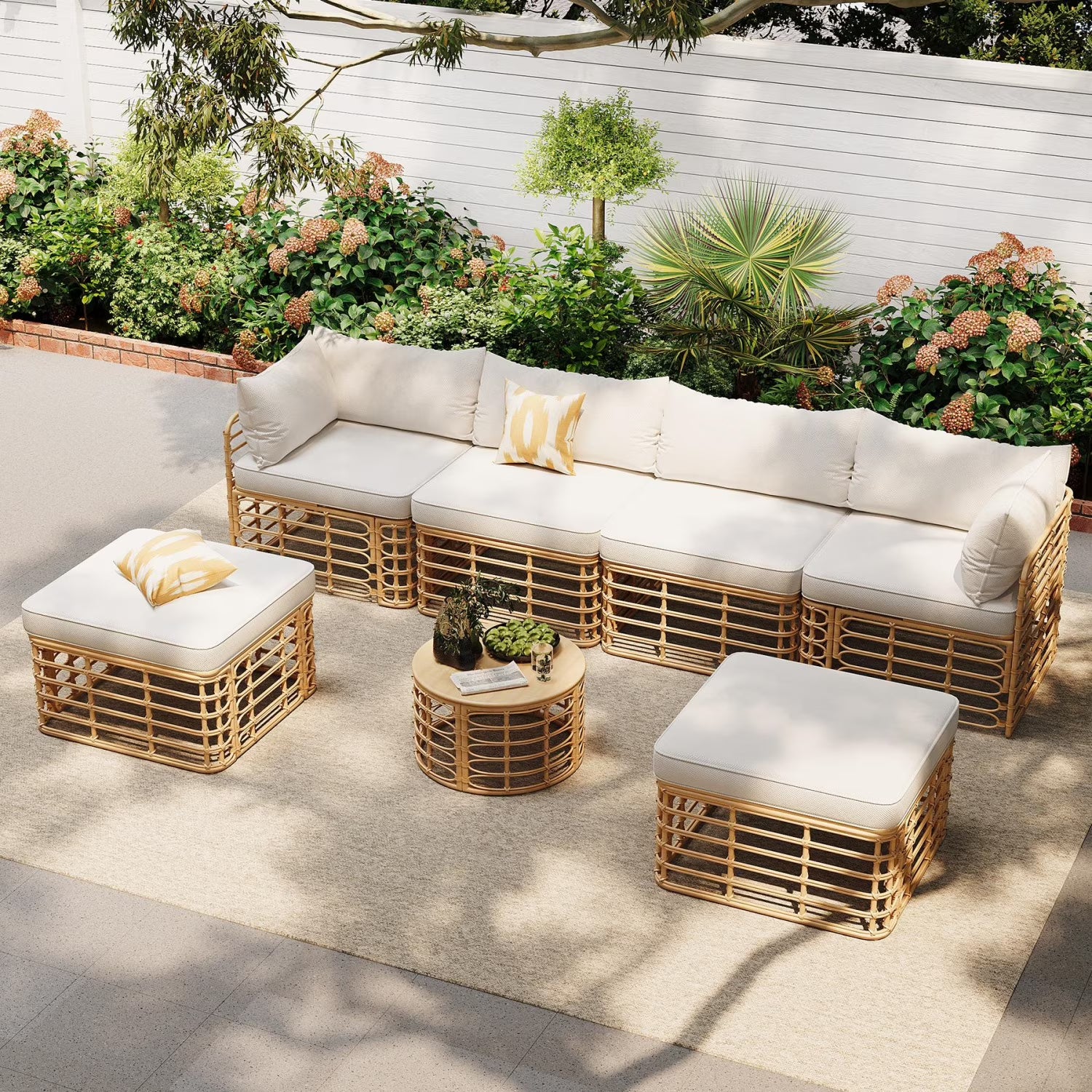 Highsound 6 Piece Patio Furniture Sets, All Weather PE Wicker Rattan Outdoor Sectional Sofa Conversation Couch with Glass Table, Cushions and Ottoman, for Lawn, Garden, Backyard, Beige