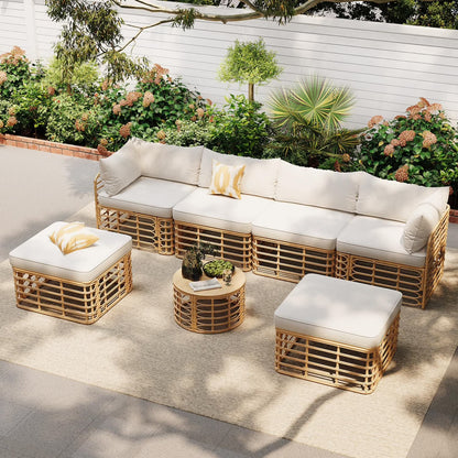 Highsound 6 Piece Patio Furniture Sets, All Weather PE Wicker Rattan Outdoor Sectional Sofa Conversation Couch with Glass Table, Cushions and Ottoman, for Lawn, Garden, Backyard, Beige
