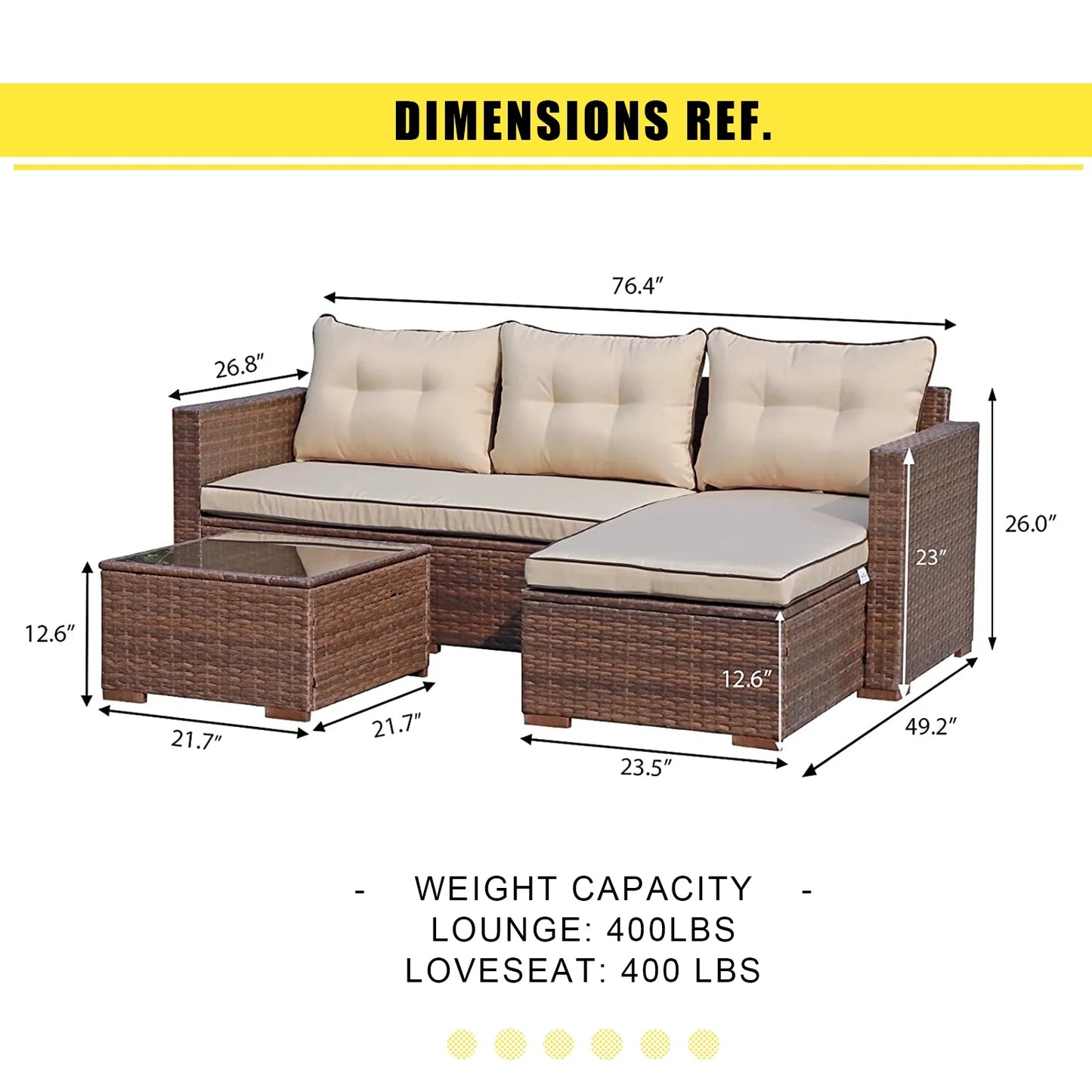 3 Piece Patio Furniture Sets, Outdoor All-Weather Wicker Sectional Sofa Set, Beige