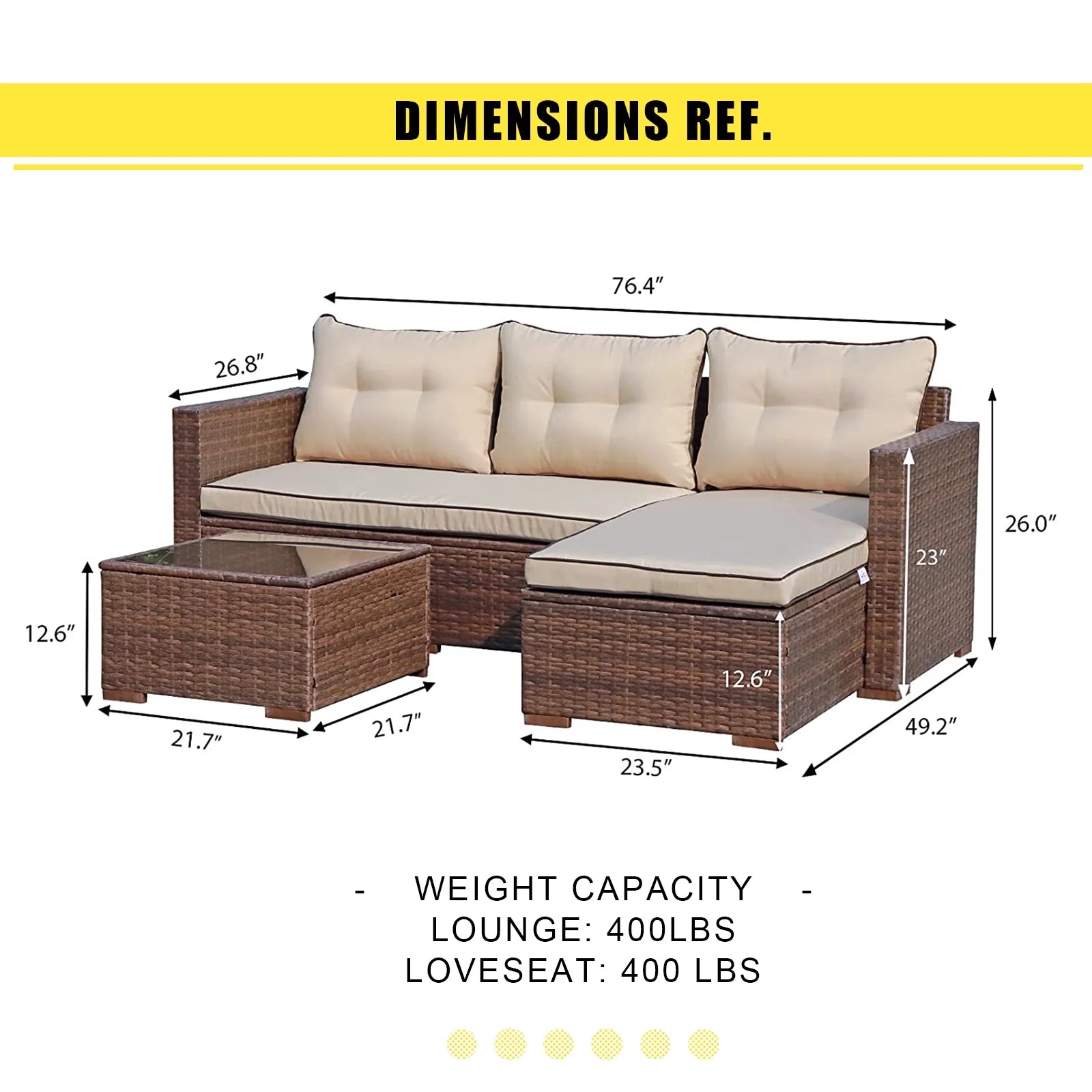 3 Piece Patio Furniture Sets, Outdoor All-Weather Wicker Sectional Sofa Set, Beige
