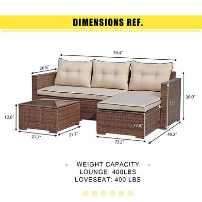 3 Piece Patio Furniture Sets, Outdoor All-Weather Wicker Sectional Sofa Set, Beige