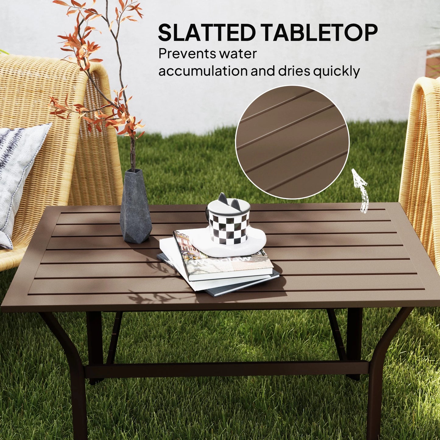 Outsunny Outdoor Coffee Table, All-Weather Rectangle Patio Coffee Table with Slatted Tabletop for Outside, Patio, Brown