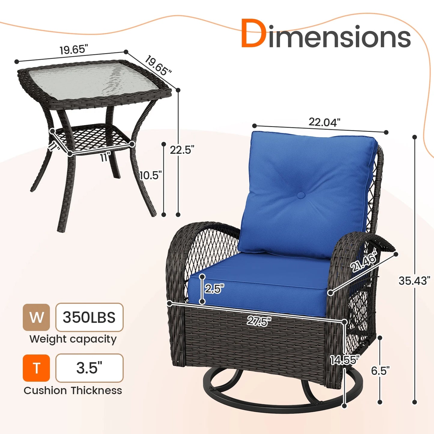 MRUAKA 3 Pieces Patio Furniture Set, Outdoor Swivel Gliders Rocker, Wicker Patio Bistro Set with Rattan Rocking Chair, Glass Top Side Table and Thickened Cushions (Khaki)