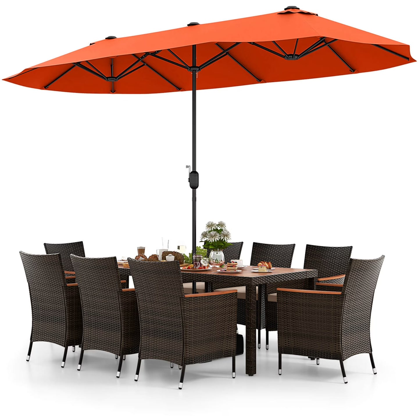 Costway 11 PCS Patio Wicker Dining Set with Double-Sided Outdoor Umbrella 8 Chairs Orange