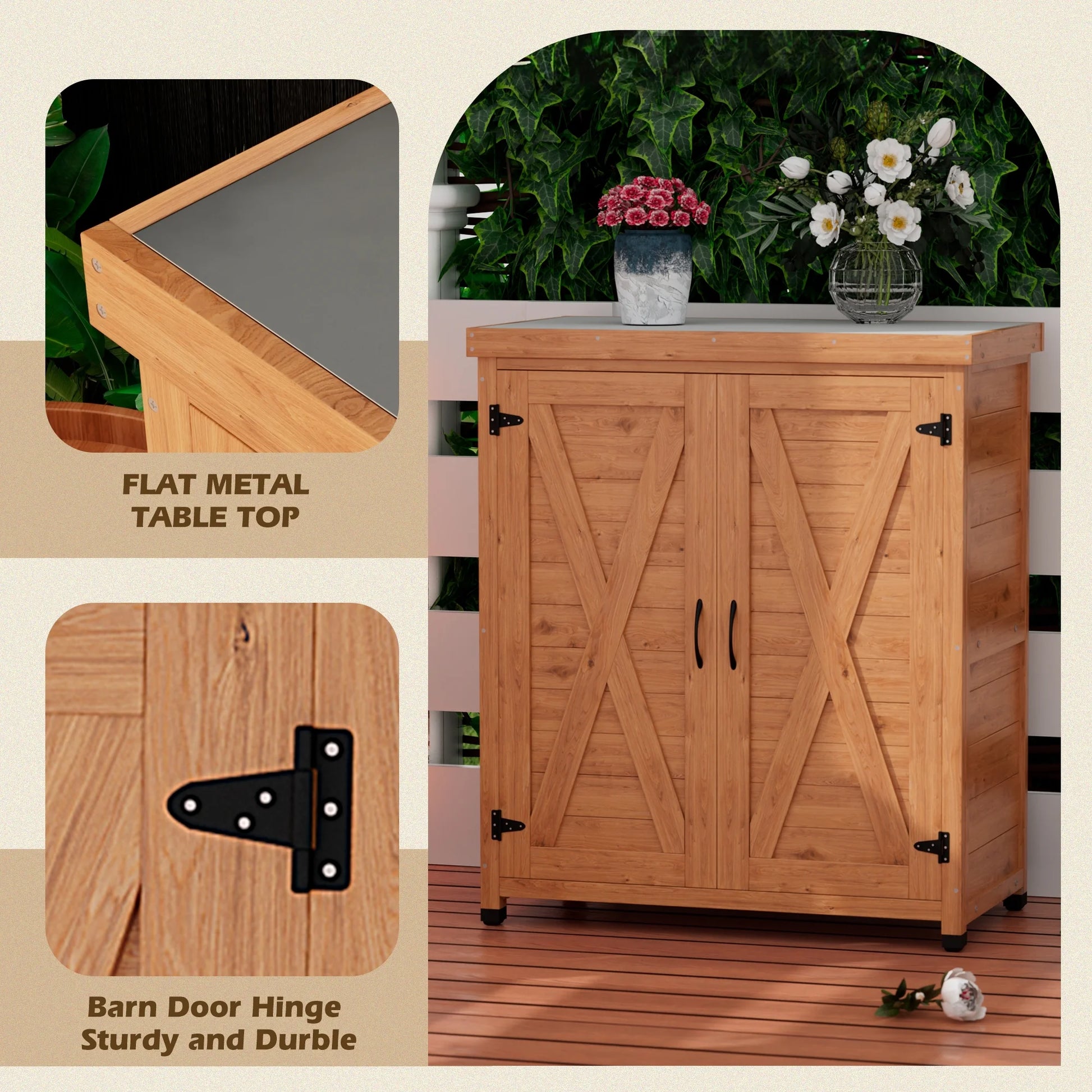 Durable Cedar Potting Bench w/Storage Cabinet & Metal Top - 31" Gray Outdoor Work Station for Patio, Balcony, Garden - Weather-Resistant, Stable X-Design